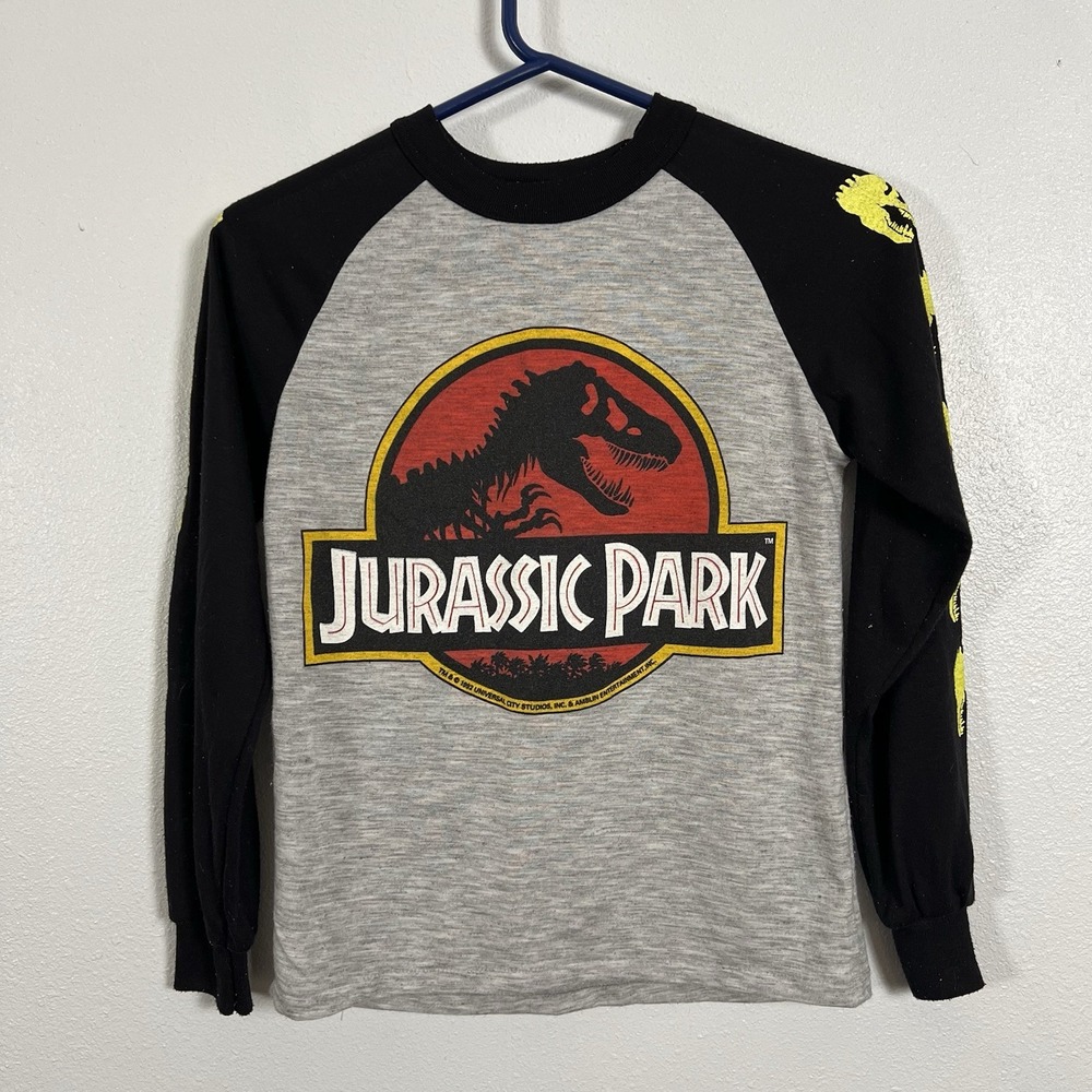 Jurassic Park Kids Long Sleeve Raglan Shirt Gray Black Dinosaur Graphic Size 14